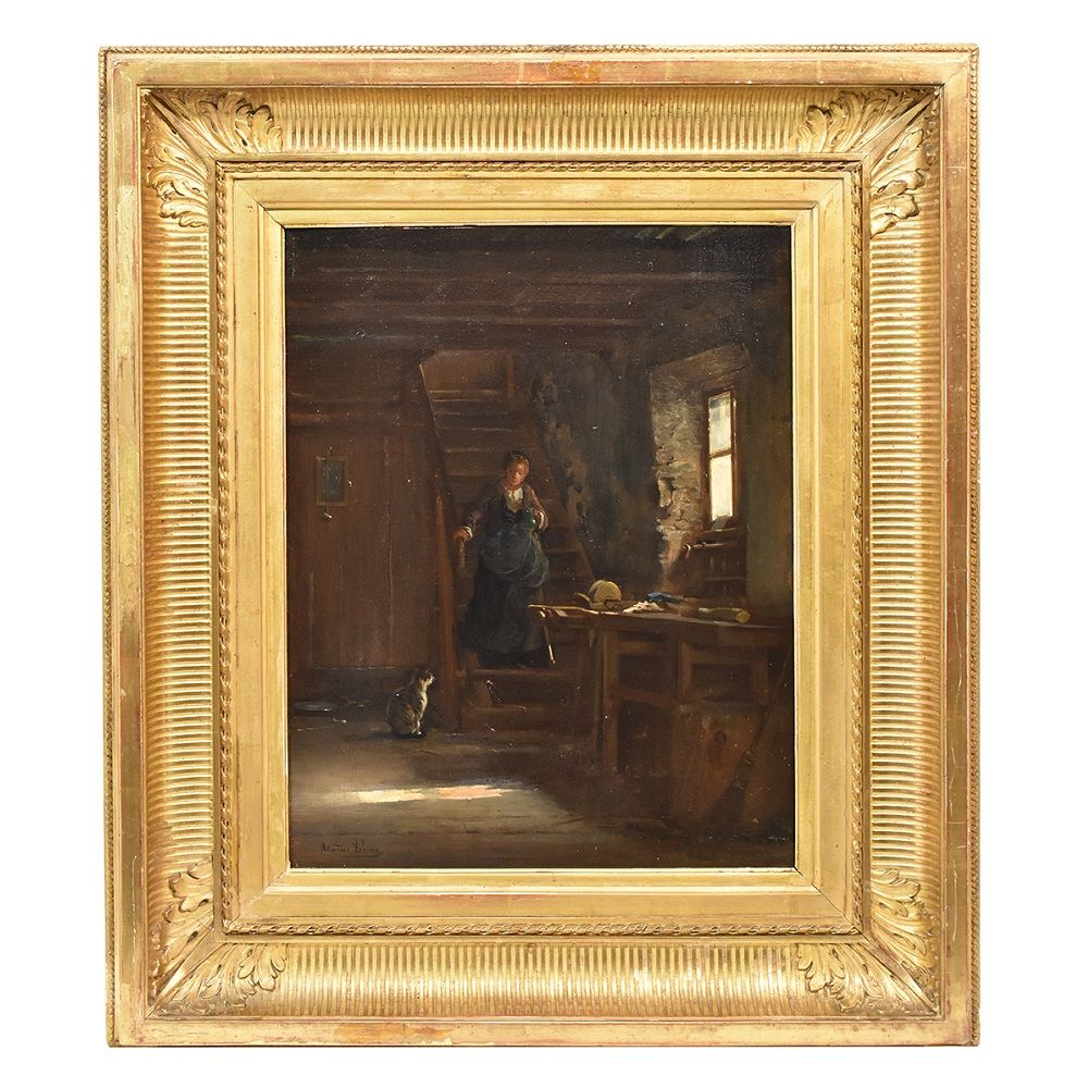 ALTE GEMÄLDE, INTERIEUR MIT FRAU UND KATZE, ÖL AUF HOLZ, AUS DEM 19. JAHRHUNDERT. (QRIN274)
